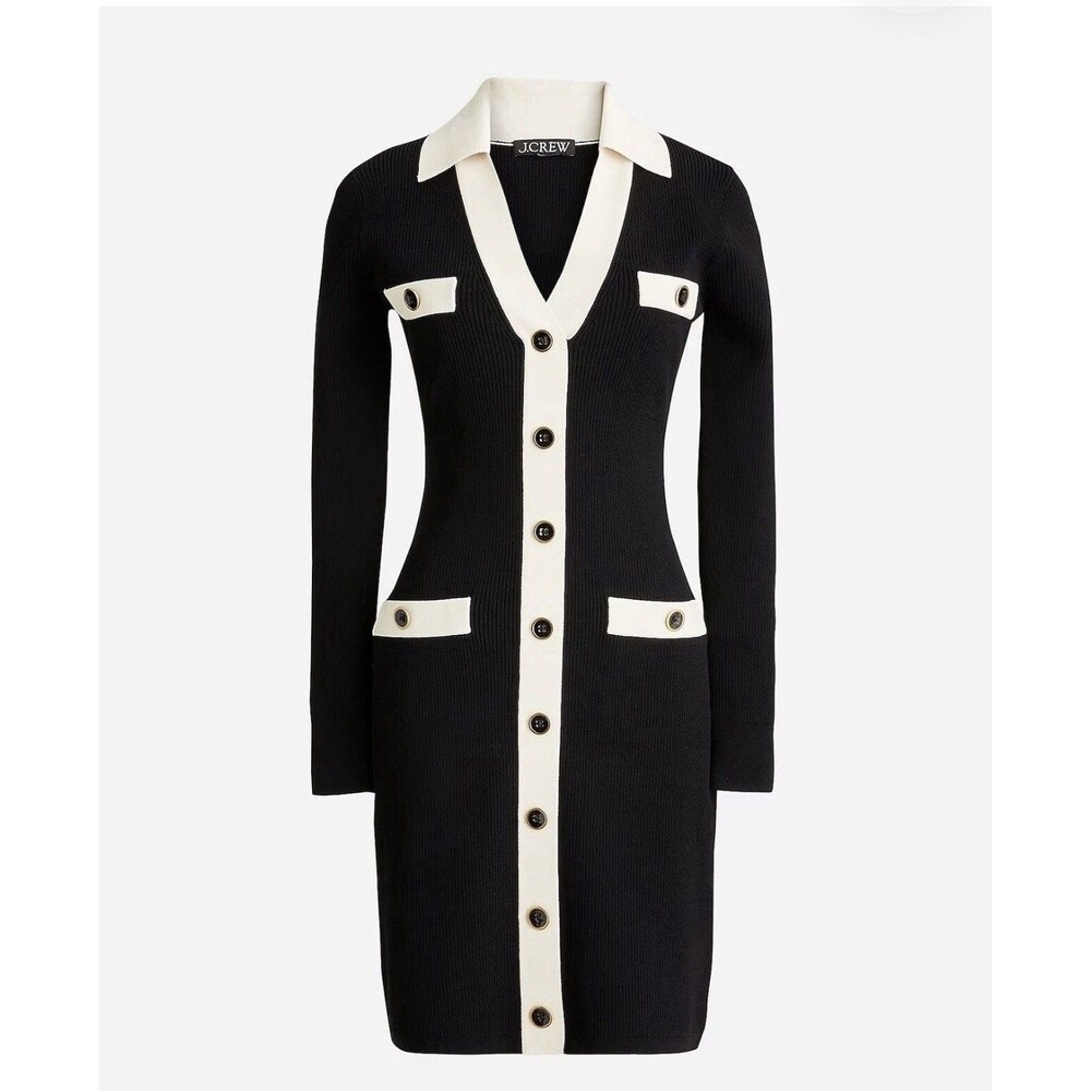 J Crew Black Ivory Contrast Knit Dress Office Siren Business Sz XS Stretch Lux